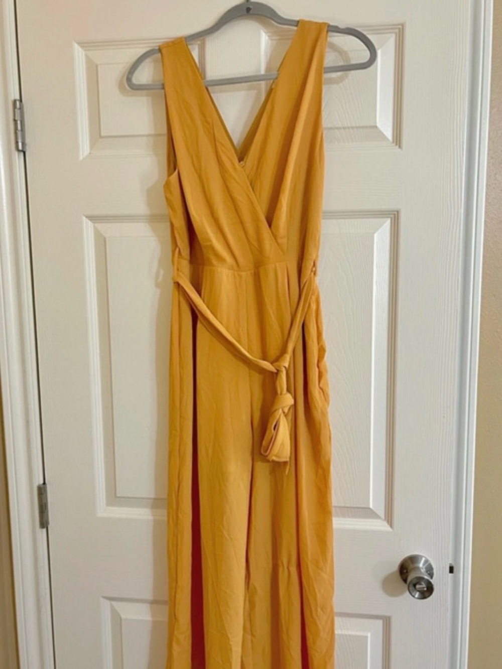 (NW/outT) Sienna Sky Sleeveless V-Neck Mustard Yellow Jumpsuit with Waist Tie
